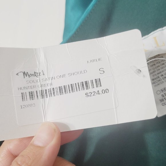 Karlie Monkees NEW One Shoulder Long Sleeve Satin Event Dress Stretch Green NWT - Picture 13 of 16